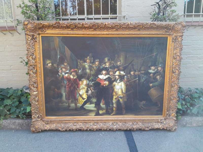 A Massive Painting Of The Night Watch, After Rembrandt Oil On Canvas (By Scott) In An Ornately Ca...