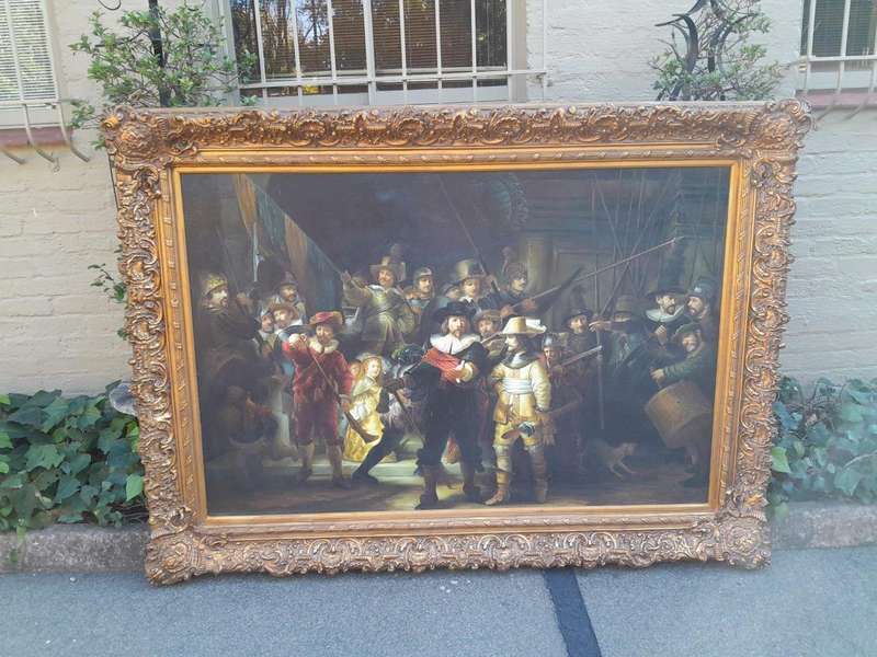 A Massive Painting Of The Night Watch, After Rembrandt Oil On Canvas (By Scott) In An Ornately Ca...