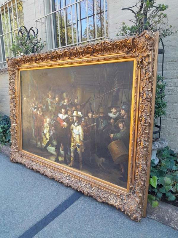 A Massive Painting Of The Night Watch, After Rembrandt Oil On Canvas (By Scott) In An Ornately Ca...