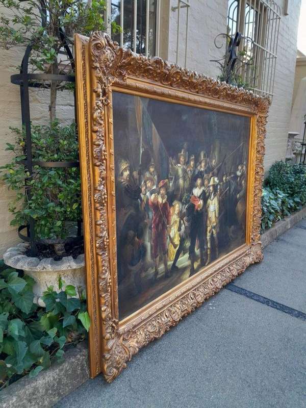 A Massive Painting Of The Night Watch, After Rembrandt Oil On Canvas (By Scott) In An Ornately Ca...