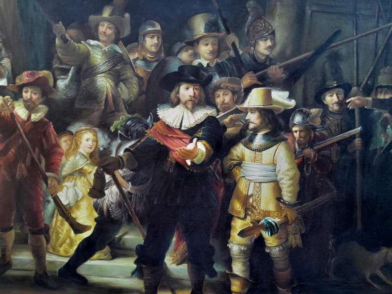 A Massive Painting Of The Night Watch, After Rembrandt Oil On Canvas (By Scott) In An Ornately Ca...