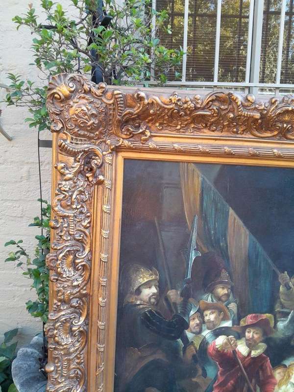 A Massive Painting Of The Night Watch, After Rembrandt Oil On Canvas (By Scott) In An Ornately Ca...