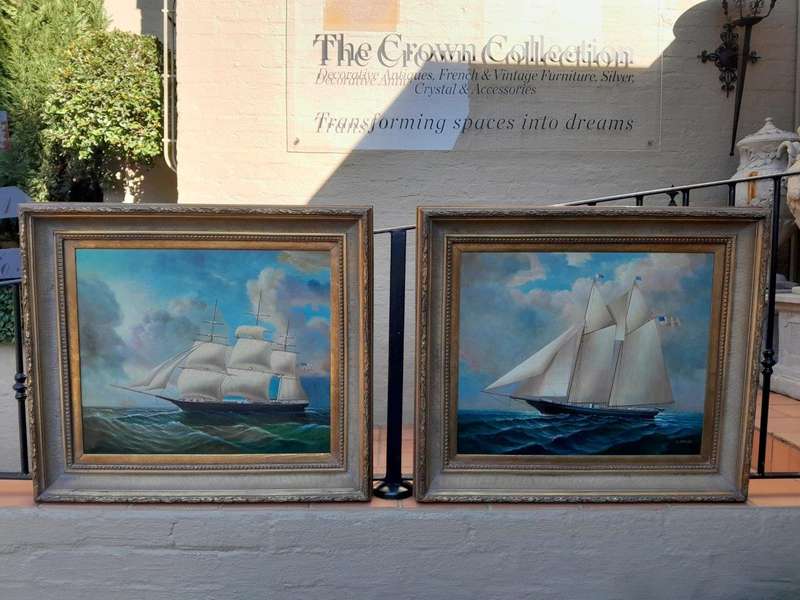 A 20th Century Pair Of Ships Oils On Canvas In Gilded Frames USA 1960s