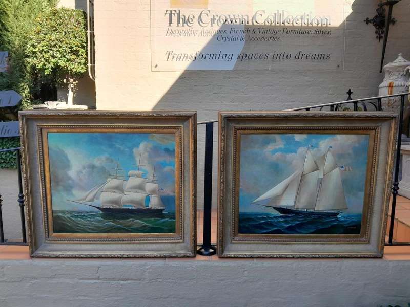 A 20th Century Pair Of Ships Oils On Canvas In Gilded Frames USA 1960s