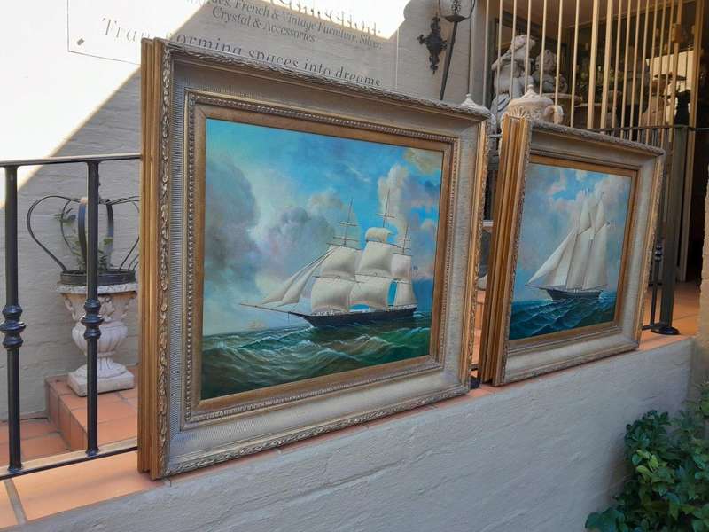 A 20th Century Pair Of Ships Oils On Canvas In Gilded Frames USA 1960s