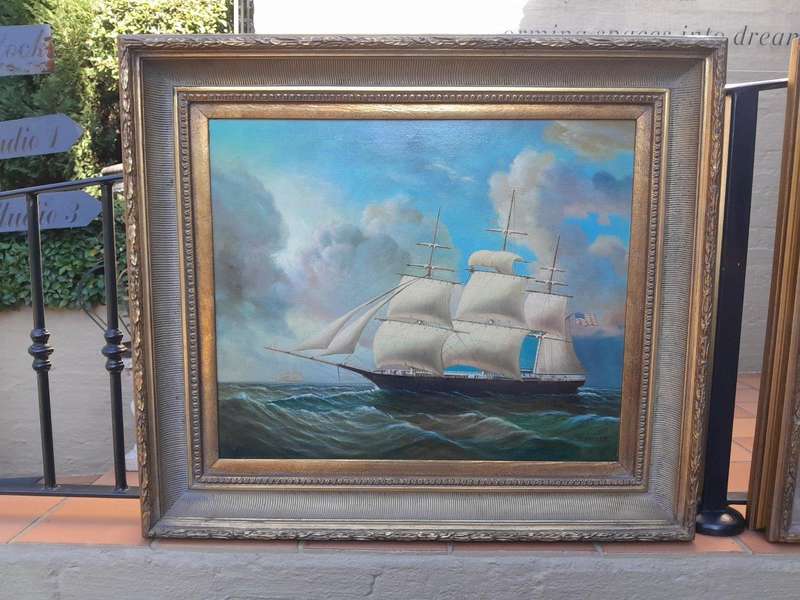 A 20th Century Pair Of Ships Oils On Canvas In Gilded Frames USA 1960s