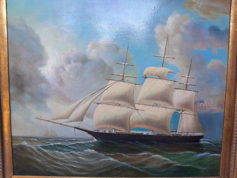 A 20th Century Pair Of Ships Oils On Canvas In Gilded Frames USA 1960s