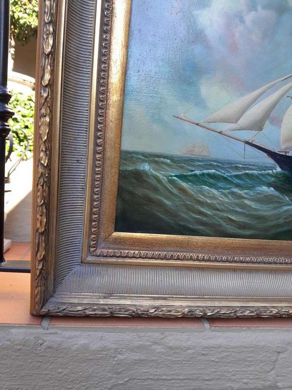 A 20th Century Pair Of Ships Oils On Canvas In Gilded Frames USA 1960s