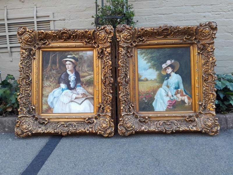 A Pair Oil Panting Of Ladies In Gilded Ornate Frames  Signed