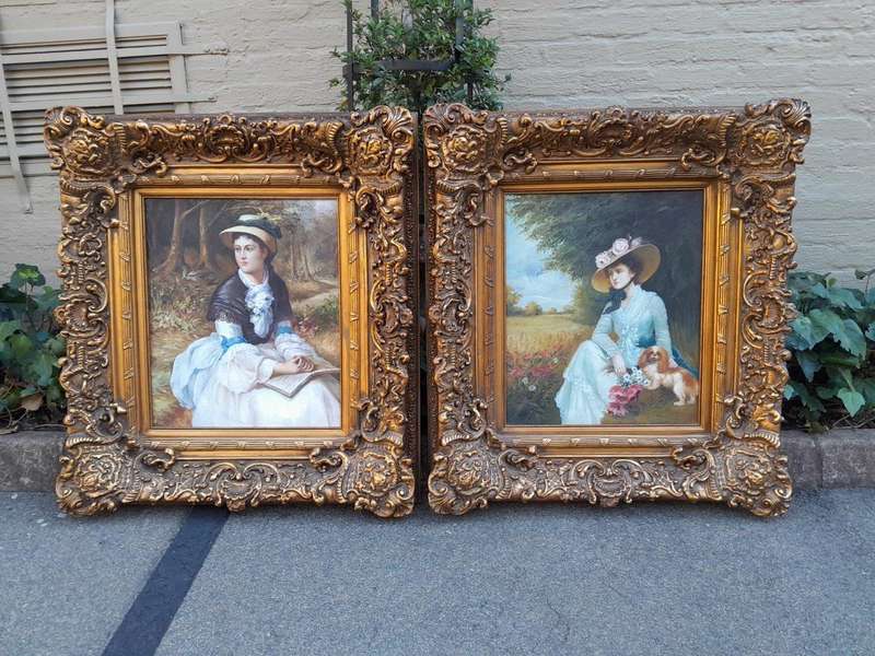 A Pair Oil Panting Of Ladies In Gilded Ornate Frames  Signed