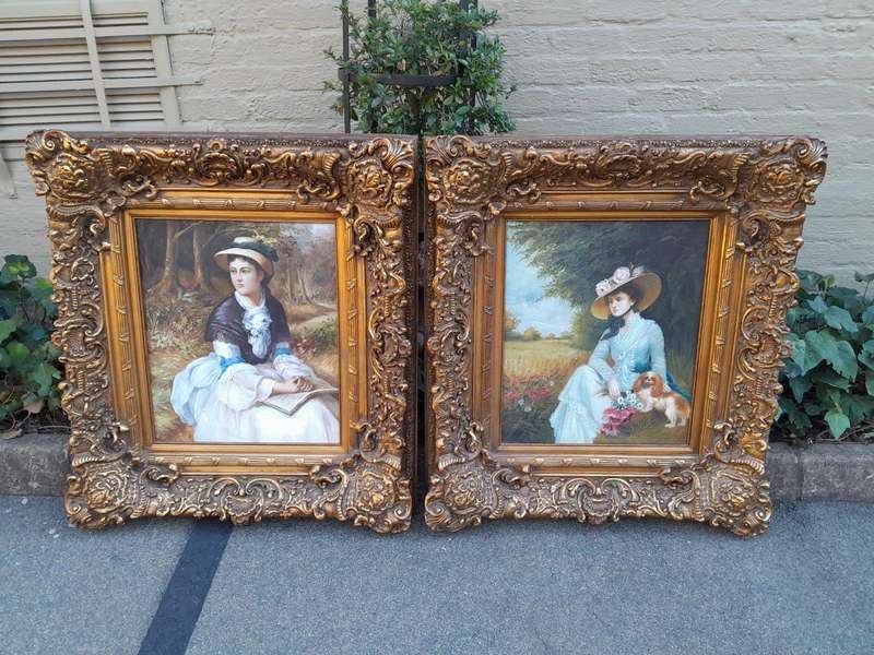 A Pair Oil Panting Of Ladies In Gilded Ornate Frames  Signed