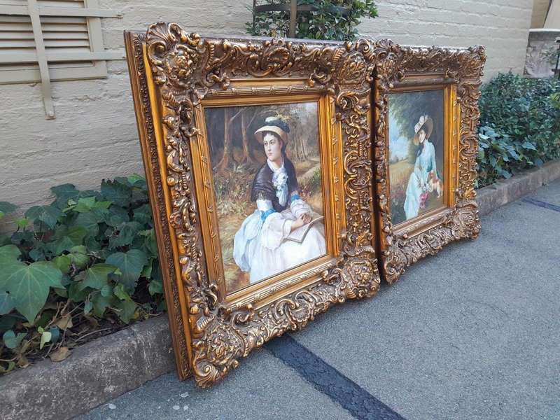 A Pair Oil Panting Of Ladies In Gilded Ornate Frames  Signed