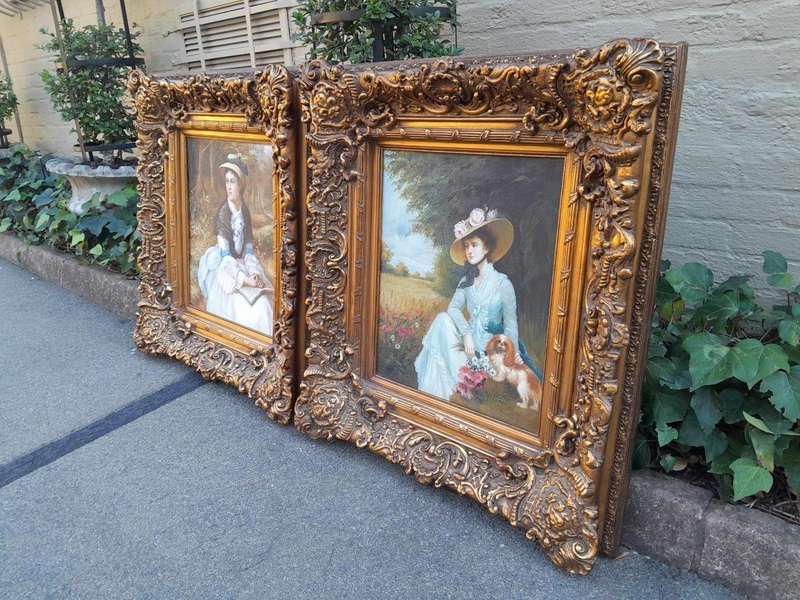 A Pair Oil Panting Of Ladies In Gilded Ornate Frames  Signed