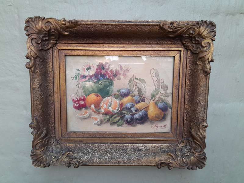 A 20th Century Watercolour Of Fruit And Flowers In A Ornately Carve Gilded Frame