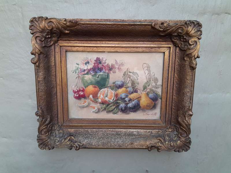 A 20th Century Watercolour Of Fruit And Flowers In A Ornately Carve Gilded Frame