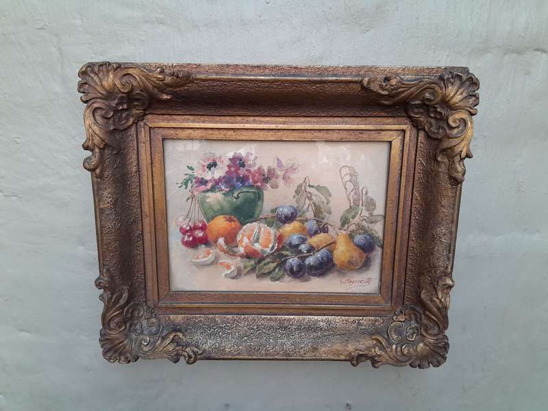 A 20th Century Watercolour Of Fruit And Flowers In A Ornately Carve Gilded Frame