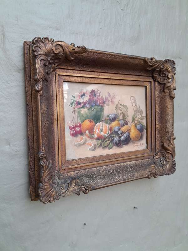 A 20th Century Watercolour Of Fruit And Flowers In A Ornately Carve Gilded Frame