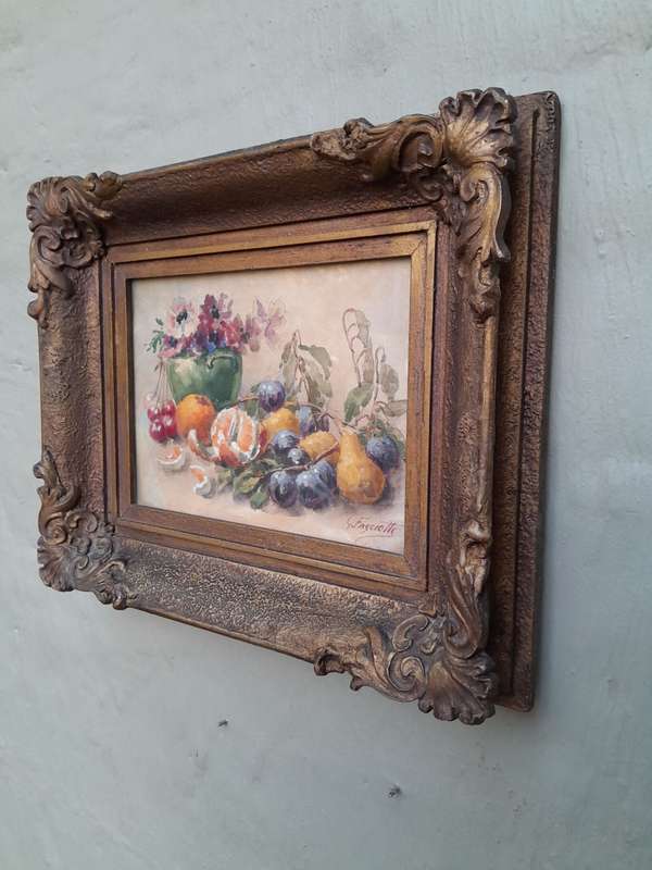 A 20th Century Watercolour Of Fruit And Flowers In A Ornately Carve Gilded Frame