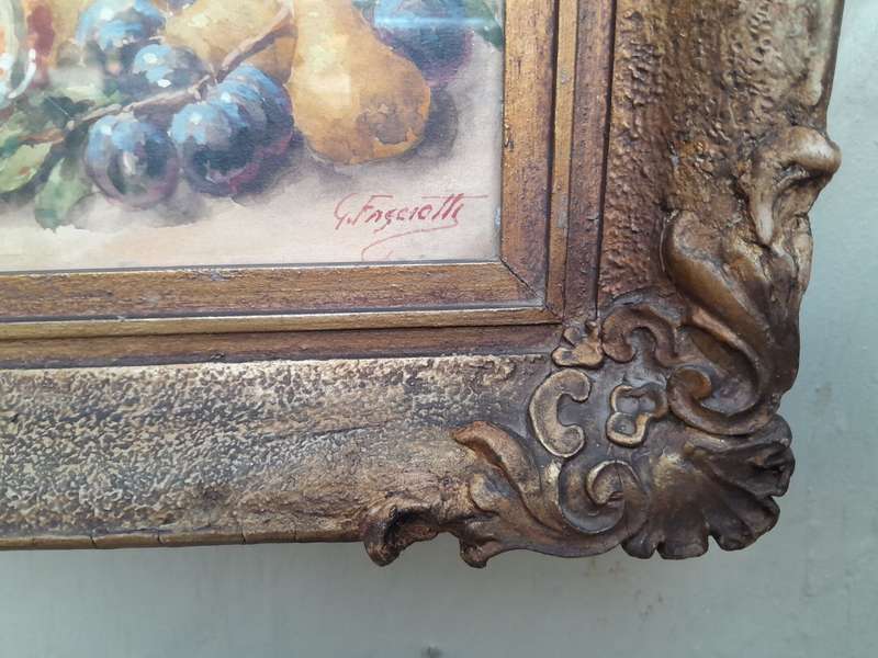 A 20th Century Watercolour Of Fruit And Flowers In A Ornately Carve Gilded Frame