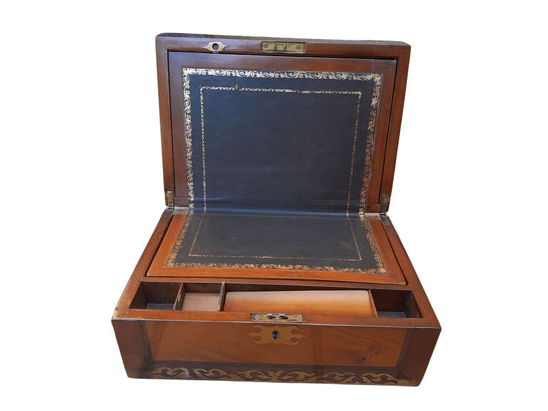 Early 19th Century Regency Mahogany And Rosewood And Brass Writing Slope With Gilt Leather Tooled...