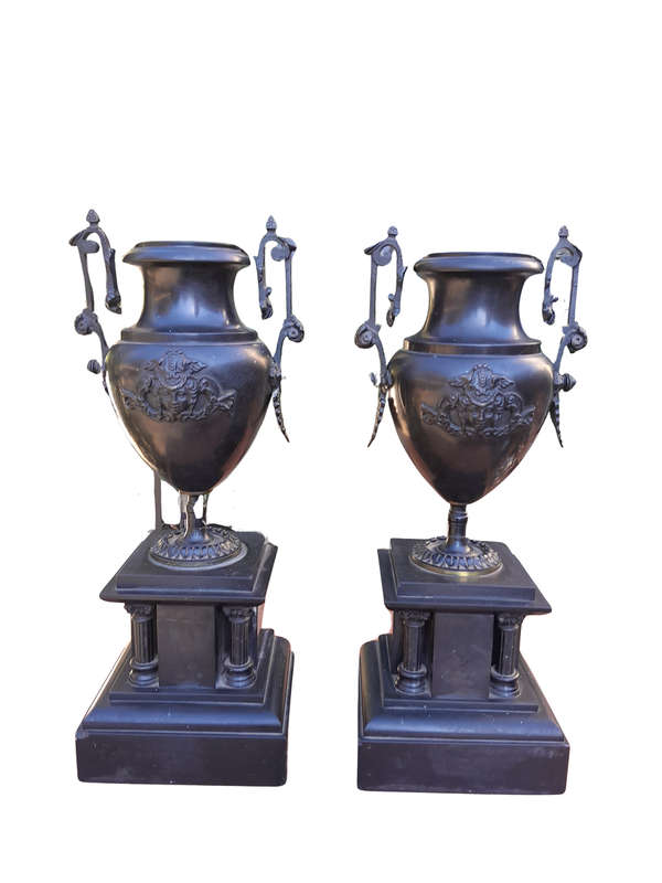 A Pair Of 19th Century French Bronze And Slate Urns On Columns