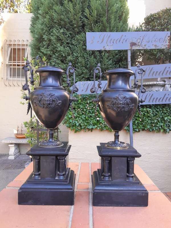 A Pair Of 19th Century French Bronze And Slate Urns On Columns