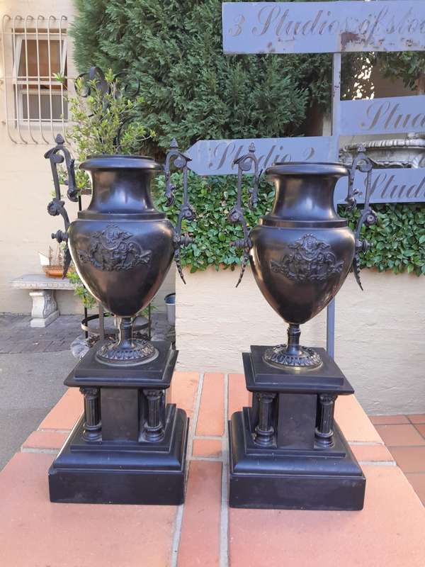 A Pair Of 19th Century French Bronze And Slate Urns On Columns