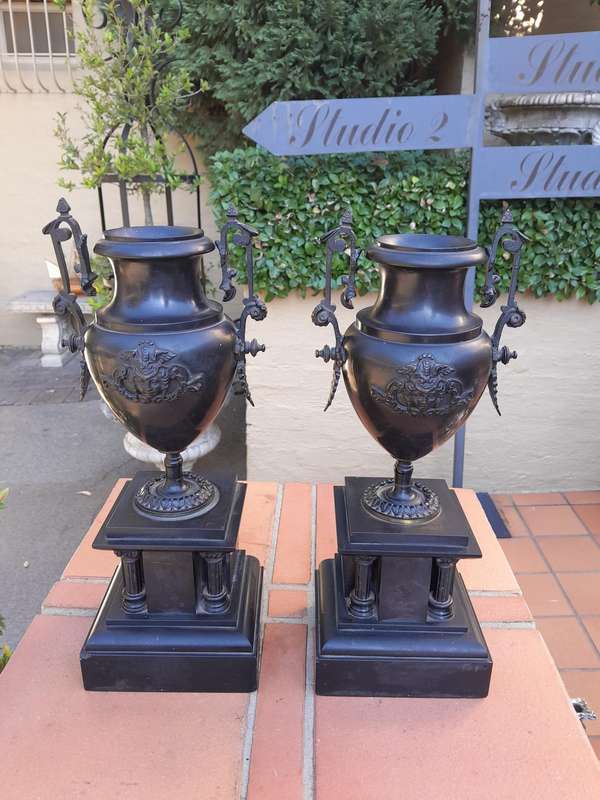 A Pair Of 19th Century French Bronze And Slate Urns On Columns