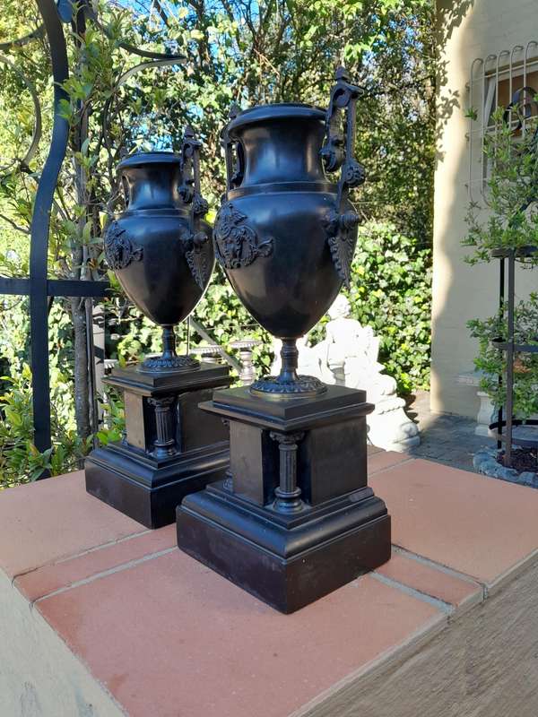 A Pair Of 19th Century French Bronze And Slate Urns On Columns
