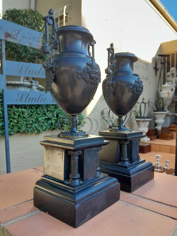 A Pair Of 19th Century French Bronze And Slate Urns On Columns
