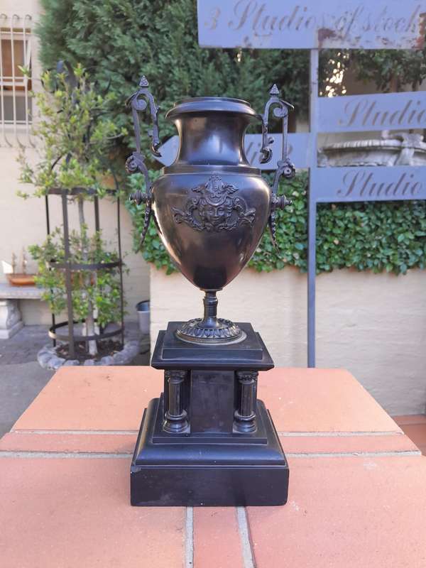 A Pair Of 19th Century French Bronze And Slate Urns On Columns