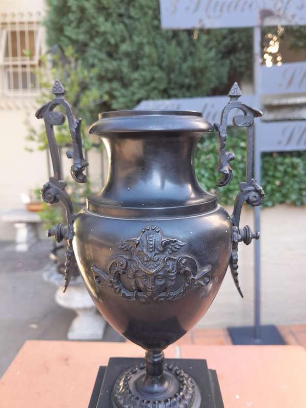A Pair Of 19th Century French Bronze And Slate Urns On Columns