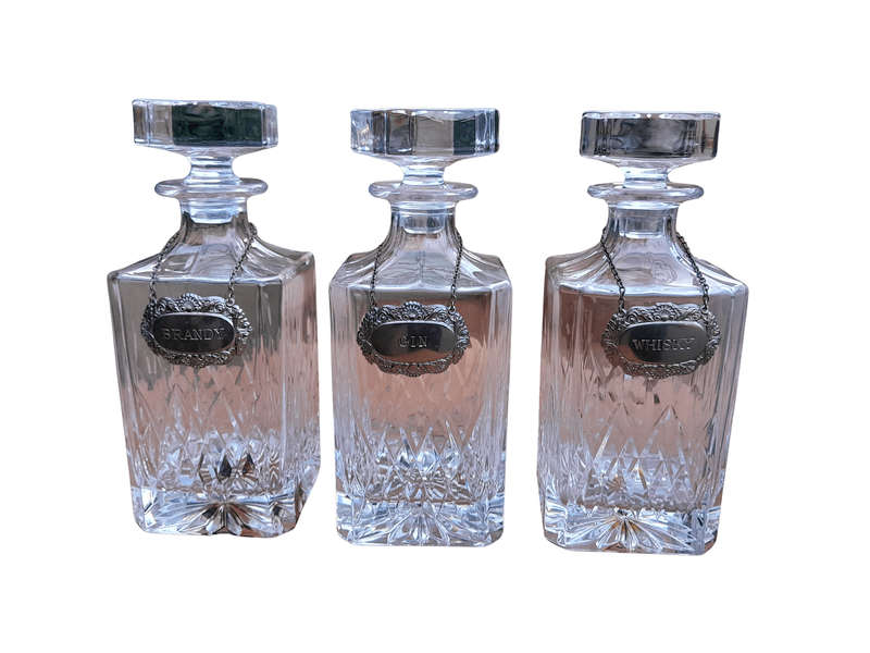 A Set Of Three Cut Glass Decanters With Labels (Whisky, Gin And  Brandy)