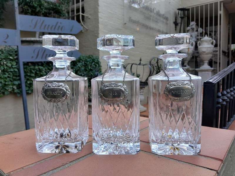 A Set Of Three Cut Glass Decanters With Labels (Whisky, Gin And  Brandy)