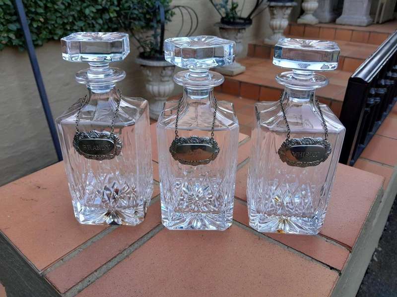 A Set Of Three Cut Glass Decanters With Labels (Whisky, Gin And  Brandy)