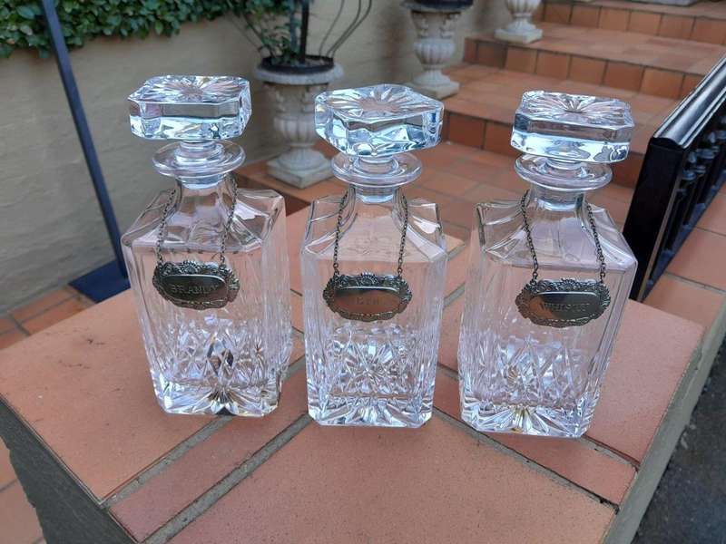 A Set Of Three Cut Glass Decanters With Labels (Whisky, Gin And  Brandy)