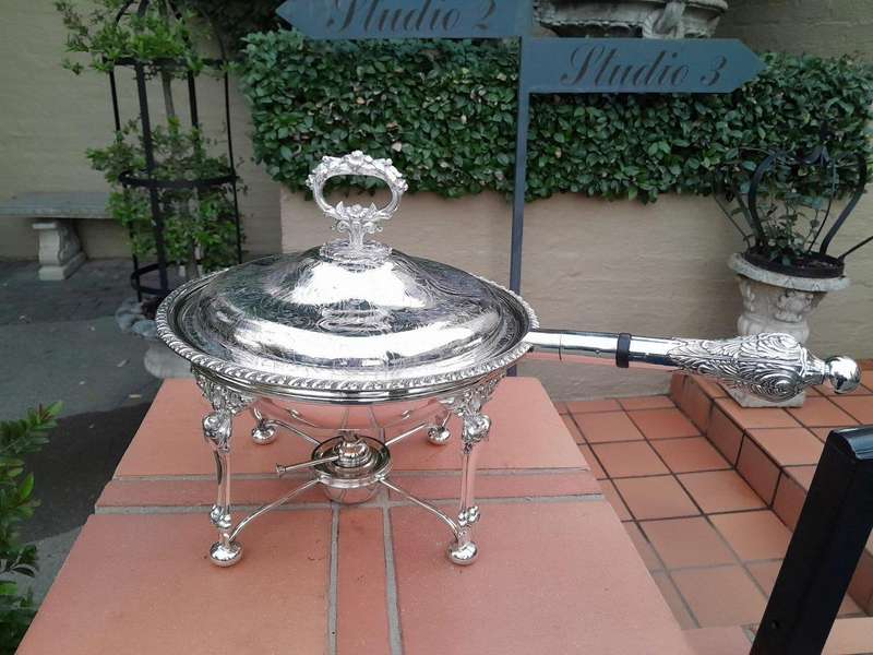 A 19th Century Silver-Plated Chafing Dish with Handle on Stand with Burner