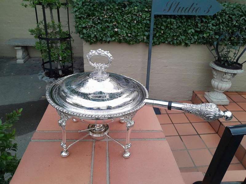 A 19th Century Silver-Plated Chafing Dish with Handle on Stand with Burner
