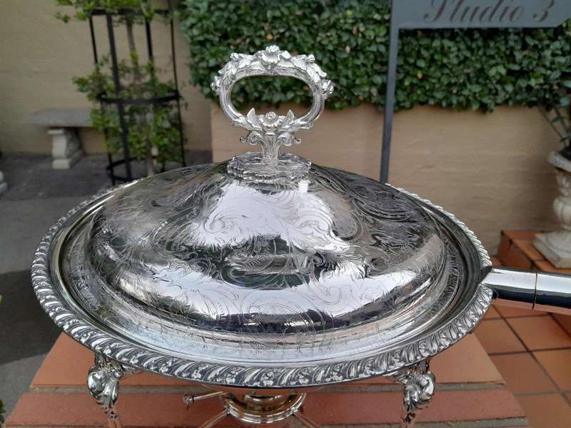 A 19th Century Silver-Plated Chafing Dish with Handle on Stand with Burner