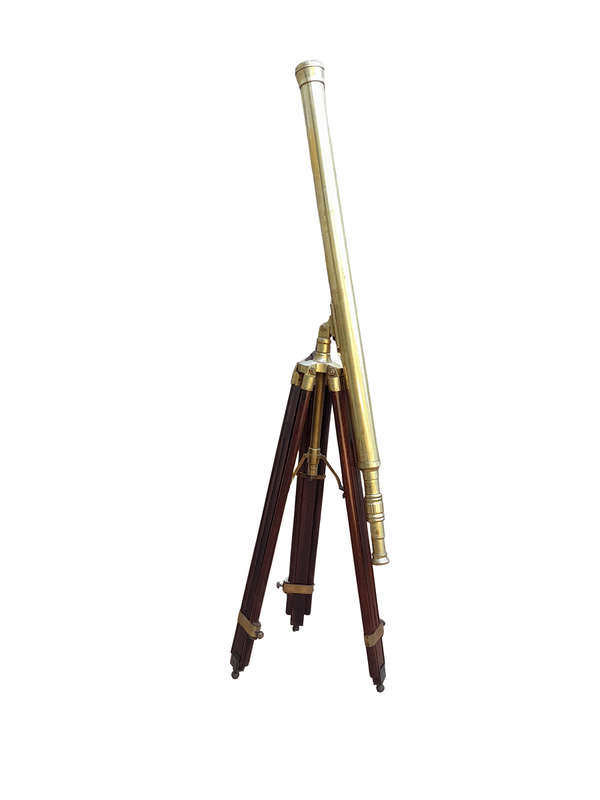 20th Century Antique Solid Brass Nautical Telescope On Wooden Tripod Legs