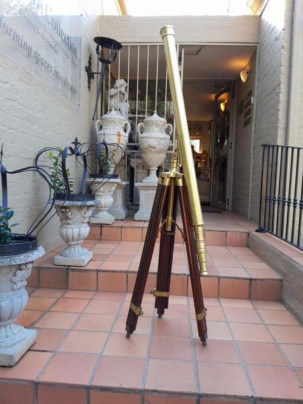 20th Century Antique Solid Brass Nautical Telescope On Wooden Tripod Legs