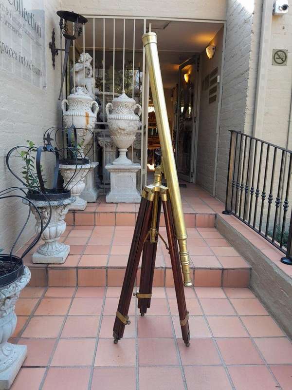 20th Century Antique Solid Brass Nautical Telescope On Wooden Tripod Legs