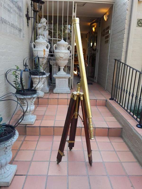 20th Century Antique Solid Brass Nautical Telescope On Wooden Tripod Legs
