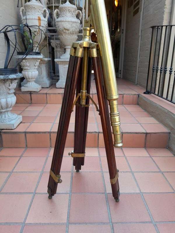 20th Century Antique Solid Brass Nautical Telescope On Wooden Tripod Legs