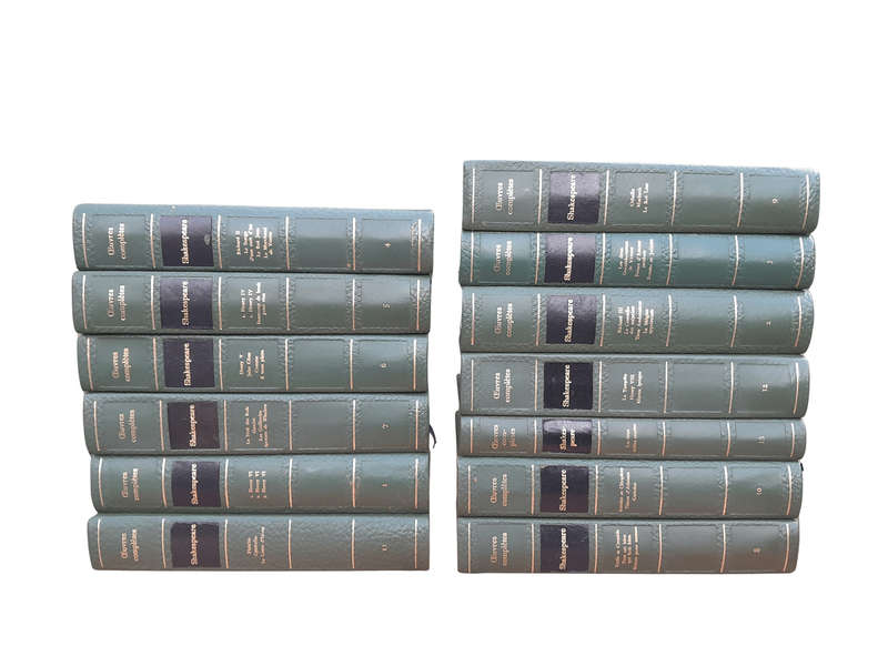 A 20th Century French Set Of Thirteen Volumes Of Shakespeare Covered In Green Leather With Gilded...