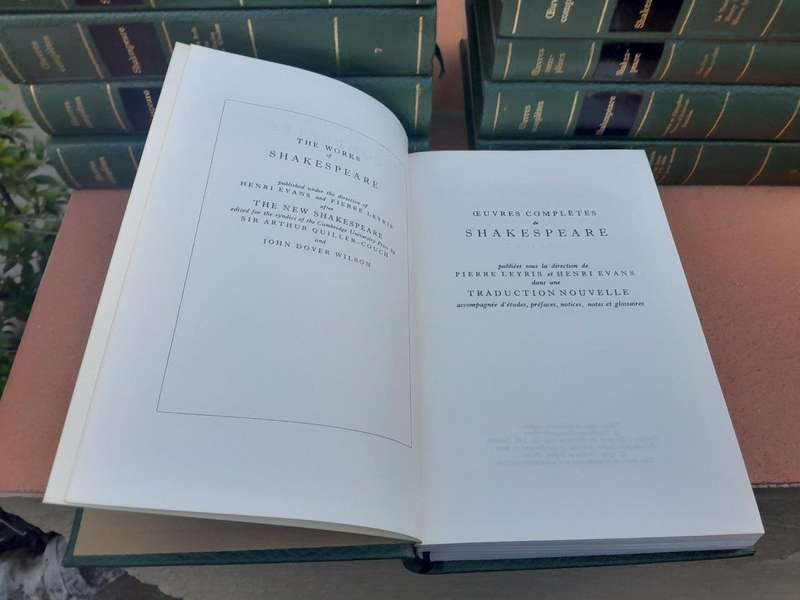 A 20th Century French Set Of Thirteen Volumes Of Shakespeare Covered In Green Leather With Gilded...