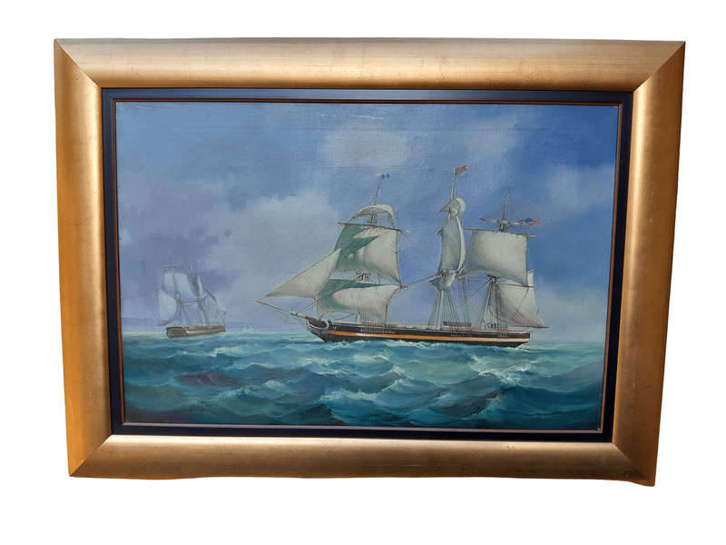 A 20TH Century French Oil On Canvas Ships In Sea Signed In Gold Frame