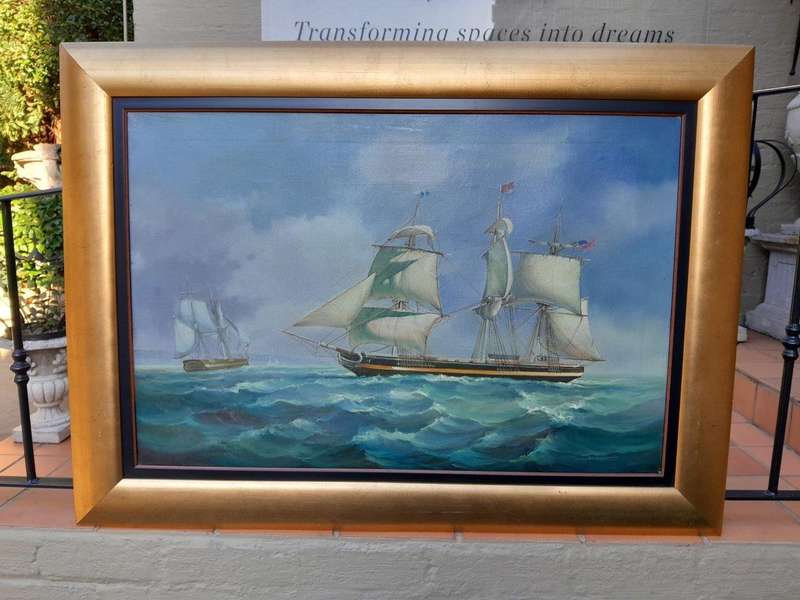 A 20TH Century French Oil On Canvas Ships In Sea Signed In Gold Frame