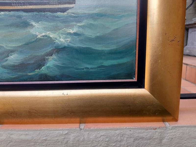 A 20TH Century French Oil On Canvas Ships In Sea Signed In Gold Frame