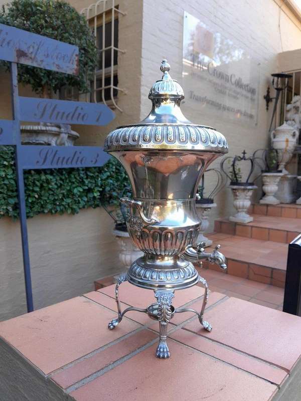 A 20th Century Silver Plate Hot Water Urn With Top On Lion Paw Feet